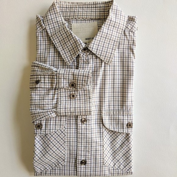 Long Sleeve Shoulder Tabs Plaid Buttondown Brown - Picture 1 of 6